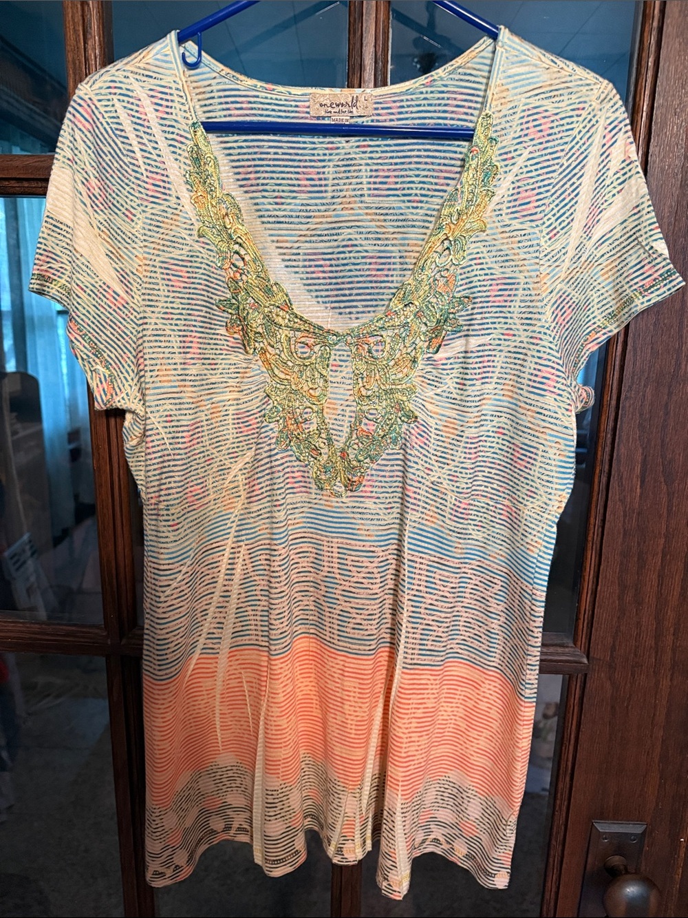 One World Womens Embroidered V-Neck Burnout Tunic Top Multicolor Short Sleeve L